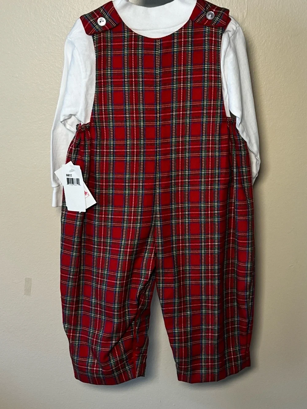 Vintage Classic Red Tarten Plaid Smocked Kids Romper with Train Embroidery